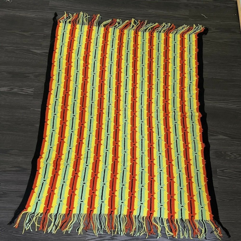 Crochet Throw Afghan Blanket Textured 49.5 x 59 Green Orange Yellow Black MCM